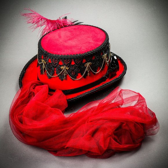 Lace Feather Victoria Steampunk Top Hat Goggle Red - Picture 4 of 9
